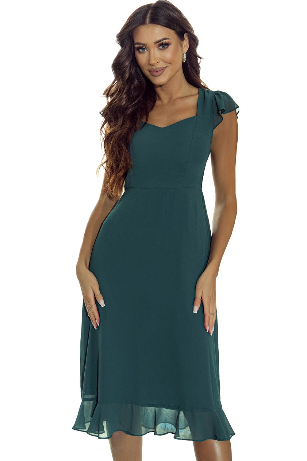 Seafoam Green Sweetheart Neck Ruffle Midi Dress with Shirred Open Back