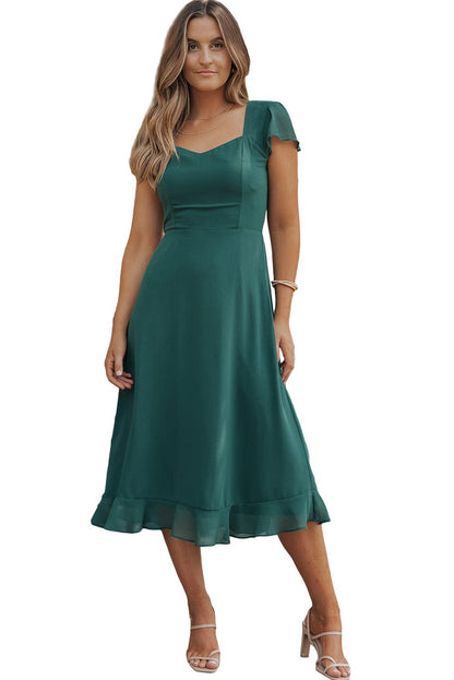 Seafoam Green Sweetheart Neck Ruffle Midi Dress with Shirred Open Back