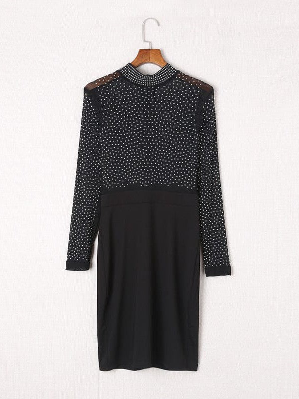 Seductive Form-Fitting Dress with Sheer Diamond Detail and Elegant Turtleneck