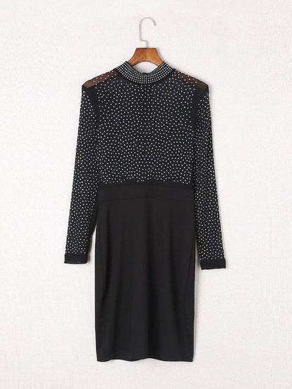 Seductive Form-Fitting Dress with Sheer Diamond Detail and Elegant Turtleneck