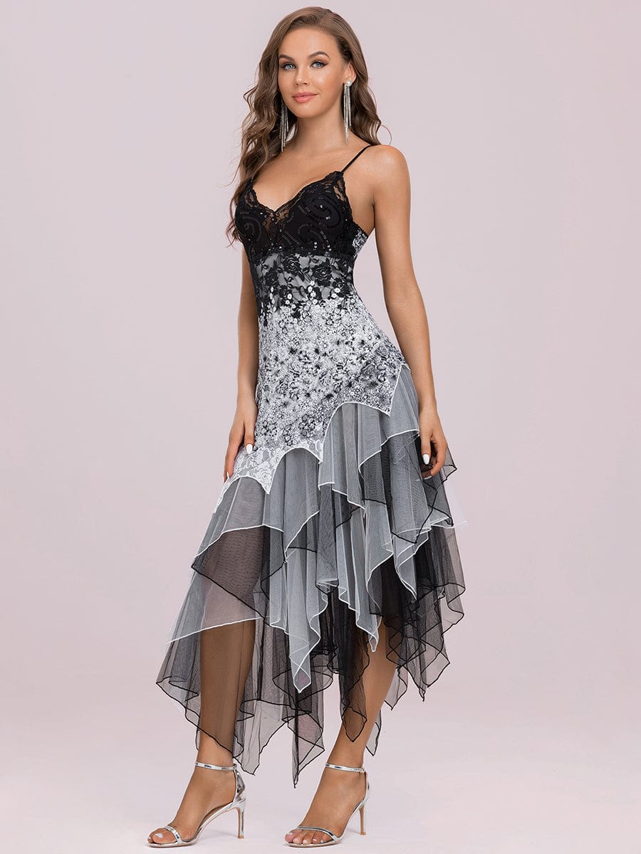 Seductive V Neck Asymmetric Hem Evening Gown