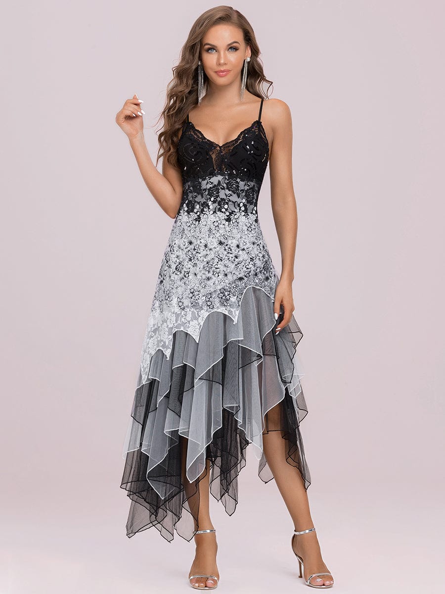 Seductive V Neck Asymmetric Hem Evening Gown