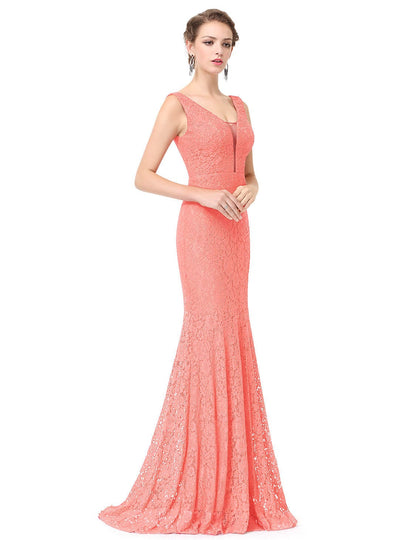 Seductive V-neck Lace Mermaid Evening Gown with Long Fish Tail