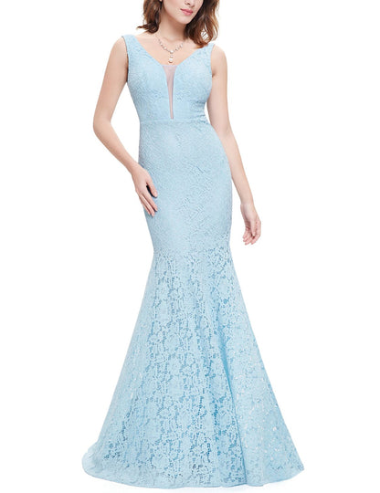 Seductive V-neck Lace Mermaid Evening Gown with Long Fish Tail