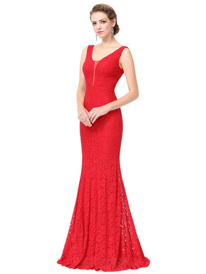Seductive V-neck Lace Mermaid Evening Gown with Long Fish Tail