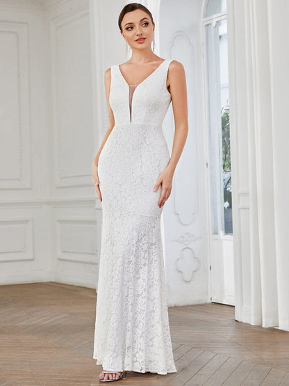 Seductive V-neck Lace Mermaid Evening Gown with Long Fish Tail