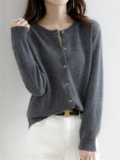 Women's Cardigan Sweater Jumper Ribbed Knit Button Solid Color Crew Neck Stylish Casual Outdoor Daily Autumn Winter Wine Red Big red S M L