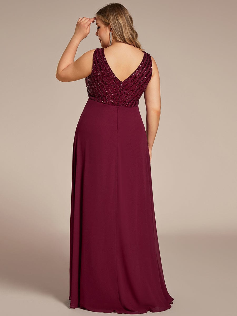Sequin & Chiffon Plus-Sized Evening Gown without Sleeves with V-Neck