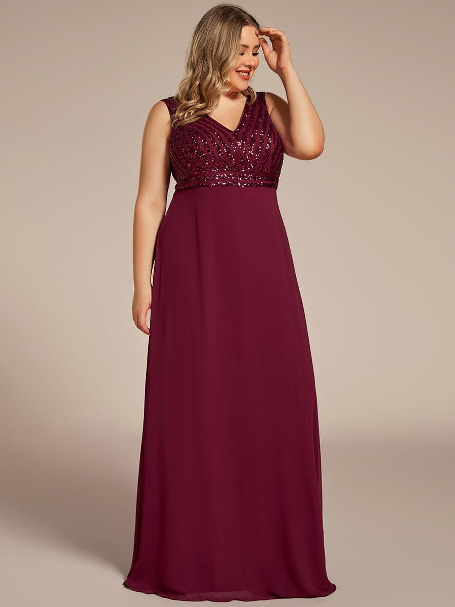 Sequin & Chiffon Plus-Sized Evening Gown without Sleeves with V-Neck