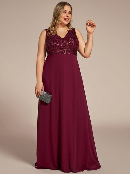 Sequin & Chiffon Plus-Sized Evening Gown without Sleeves with V-Neck