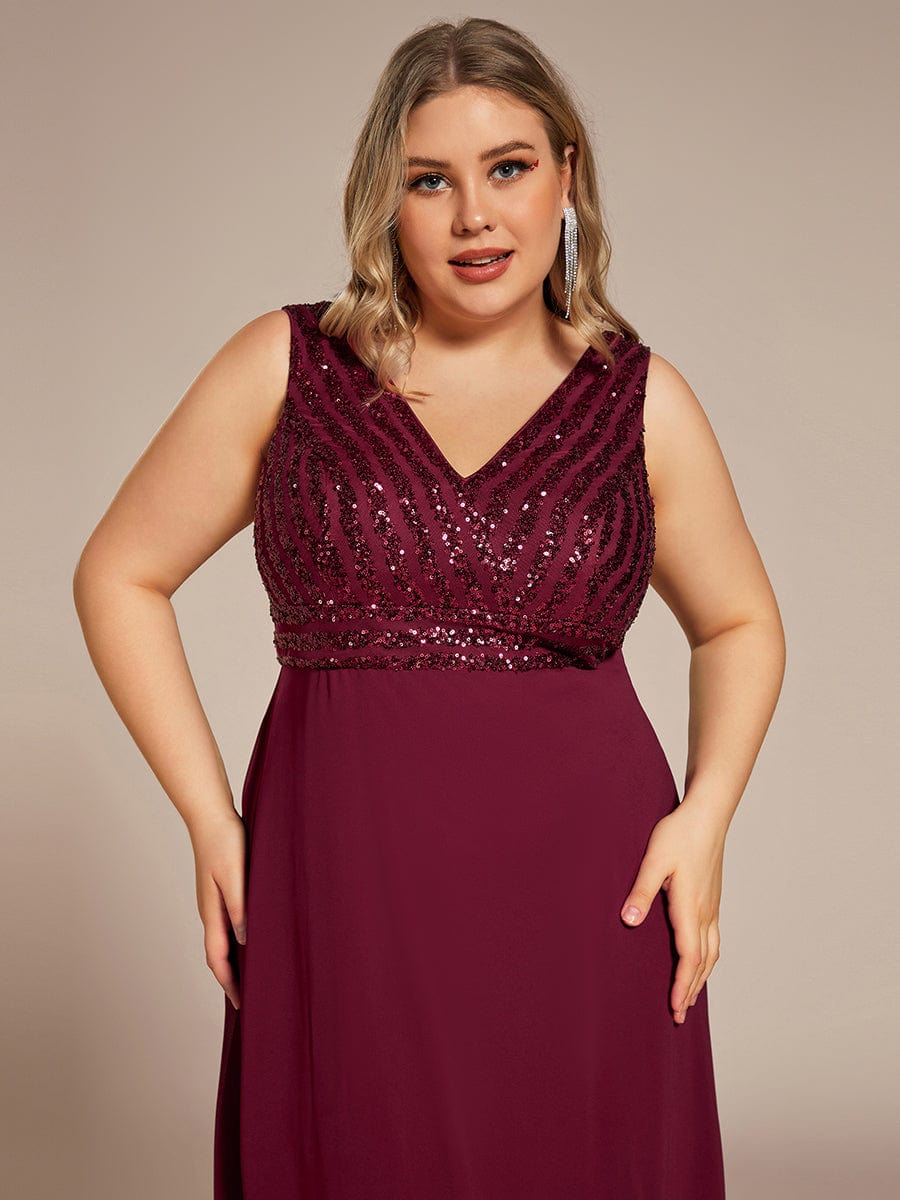 Sequin & Chiffon Plus-Sized Evening Gown without Sleeves with V-Neck
