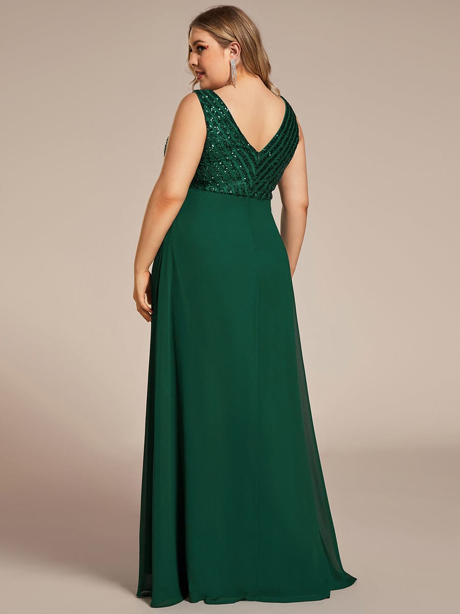 Sequin & Chiffon Plus-Sized Evening Gown without Sleeves with V-Neck