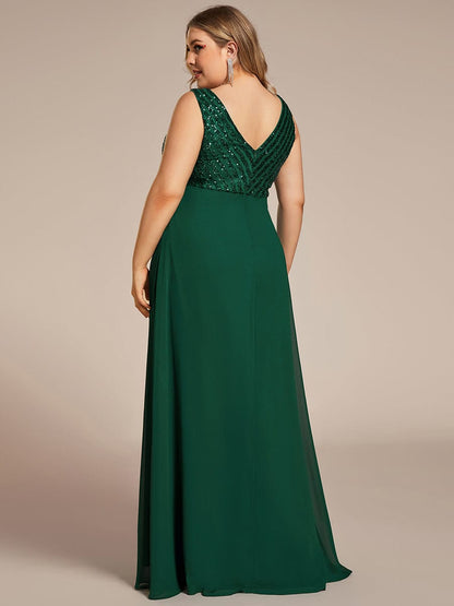 Sequin & Chiffon Plus-Sized Evening Gown without Sleeves with V-Neck