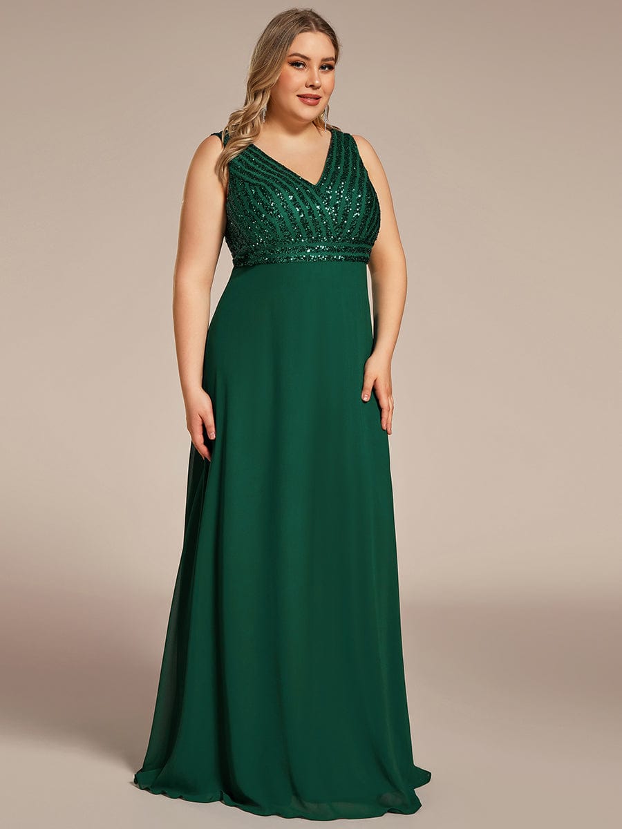 Sequin & Chiffon Plus-Sized Evening Gown without Sleeves with V-Neck