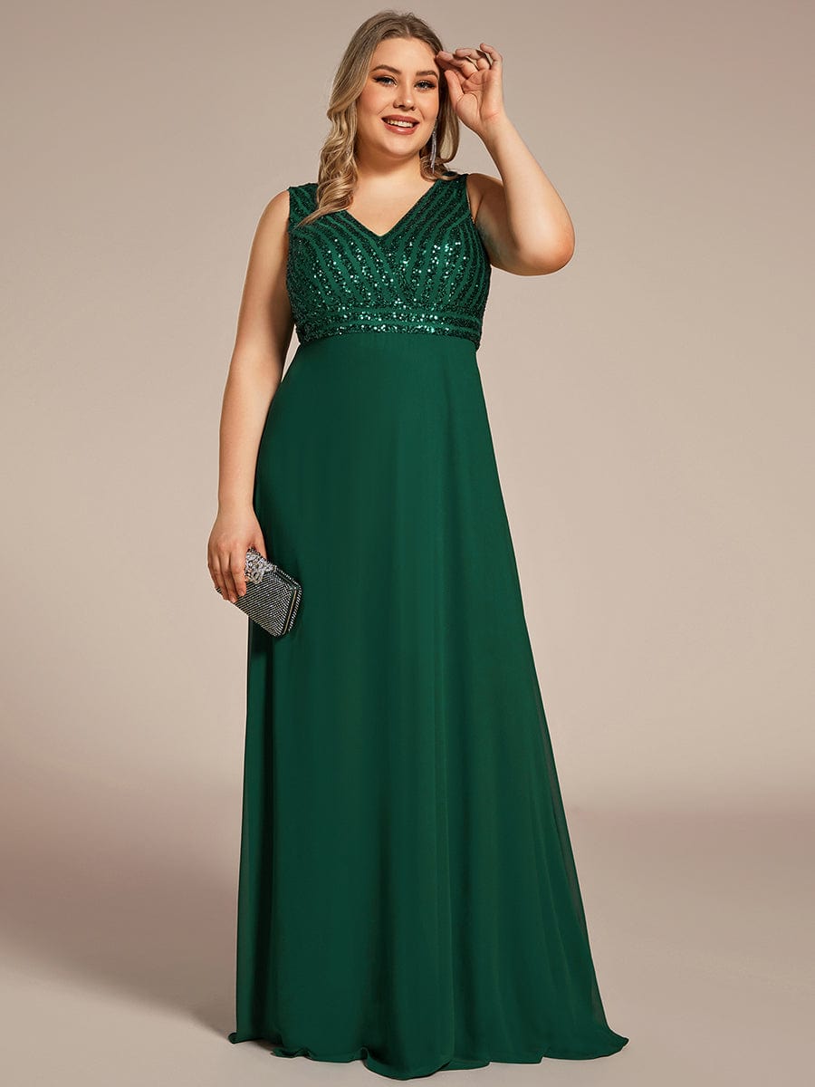 Sequin & Chiffon Plus-Sized Evening Gown without Sleeves with V-Neck