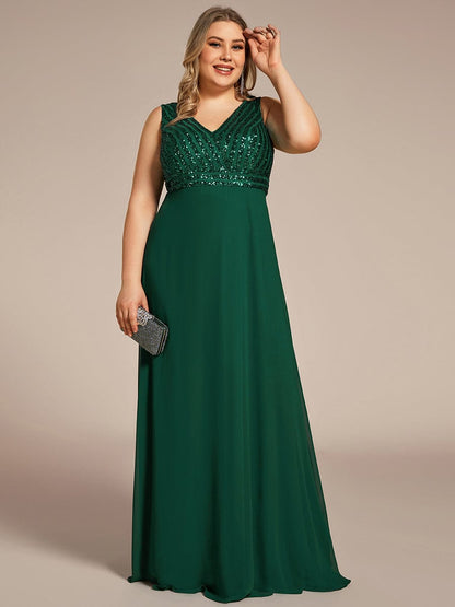 Sequin & Chiffon Plus-Sized Evening Gown without Sleeves with V-Neck