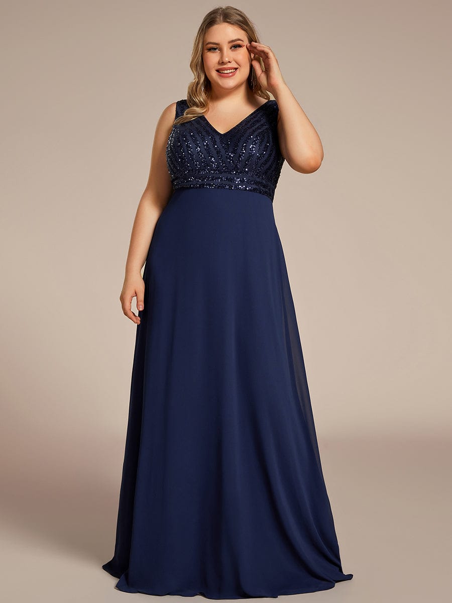 Sequin & Chiffon Plus-Sized Evening Gown without Sleeves with V-Neck