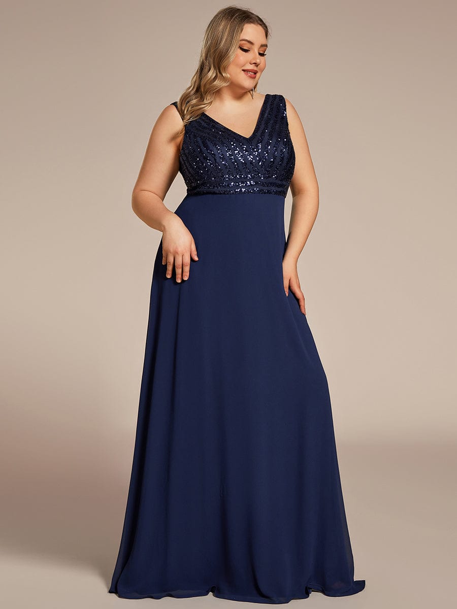 Sequin & Chiffon Plus-Sized Evening Gown without Sleeves with V-Neck