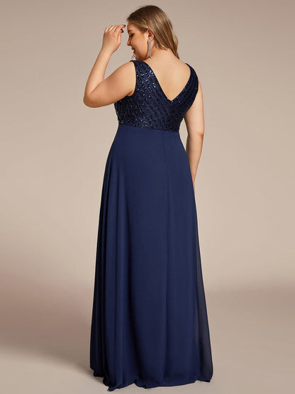 Sequin & Chiffon Plus-Sized Evening Gown without Sleeves with V-Neck