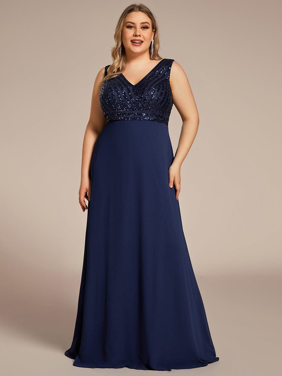 Sequin & Chiffon Plus-Sized Evening Gown without Sleeves with V-Neck