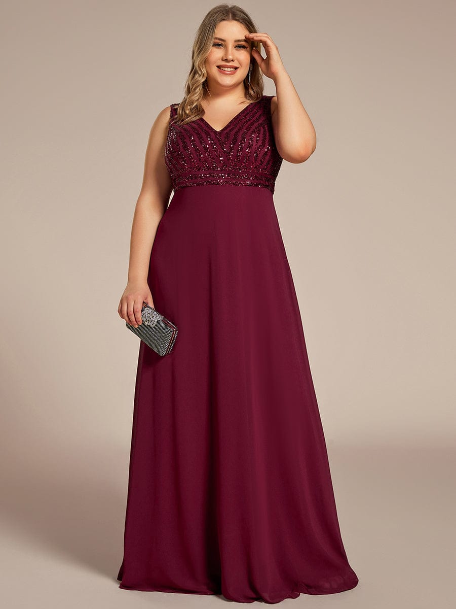 Sequin & Chiffon Plus-Sized Evening Gown without Sleeves with V-Neck