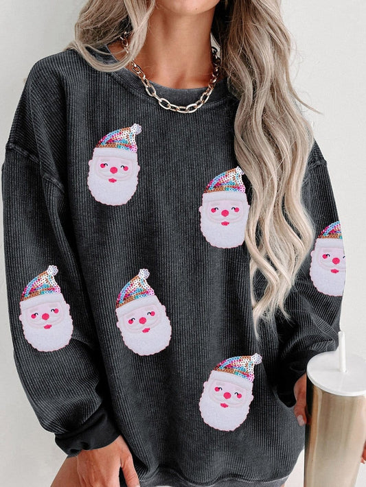 Sequin-Embellished Black Santa Claus Graphic Pullover Sweatshirt