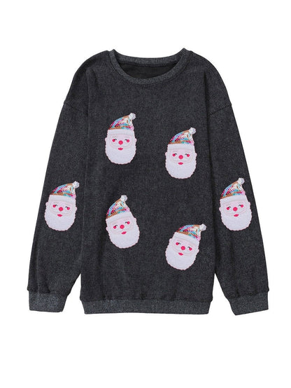 Sequin-Embellished Black Santa Claus Graphic Pullover Sweatshirt