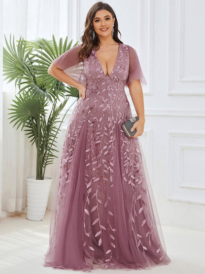 Sequin Embellished Deep V-Neck Plus Size Evening Dress