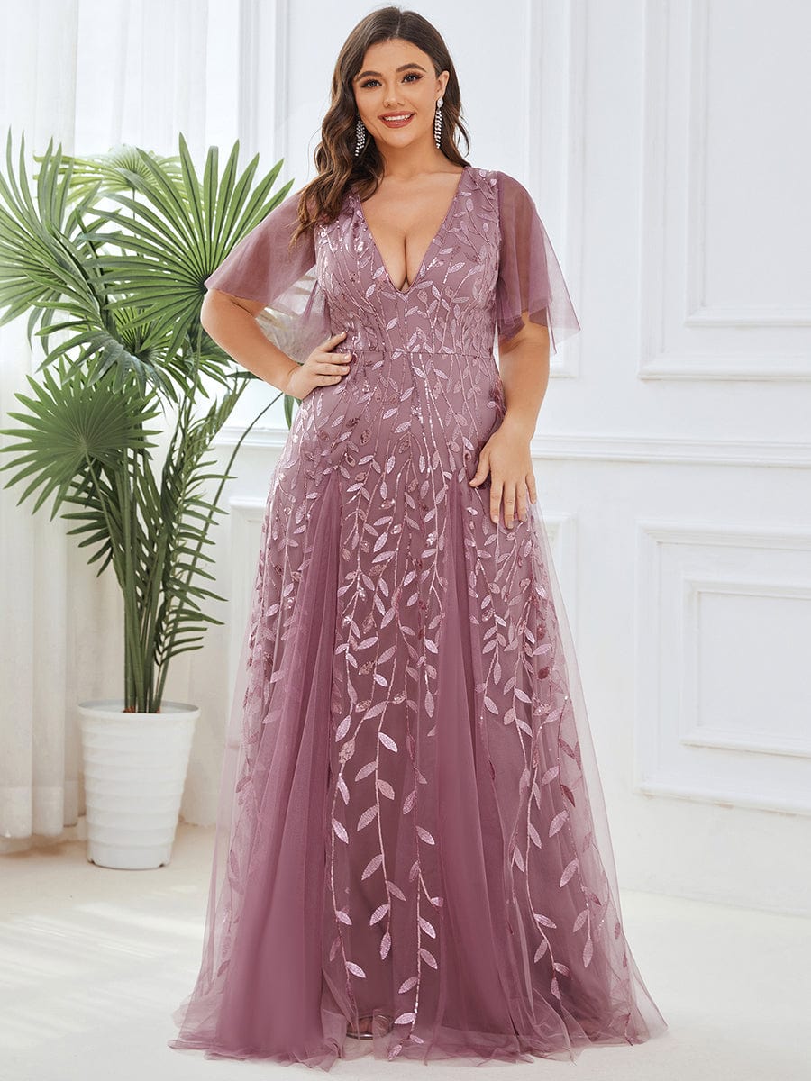 Sequin Embellished Deep V-Neck Plus Size Evening Dress