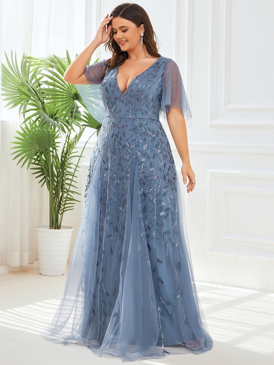 Sequin Embellished Deep V-Neck Plus Size Evening Dress