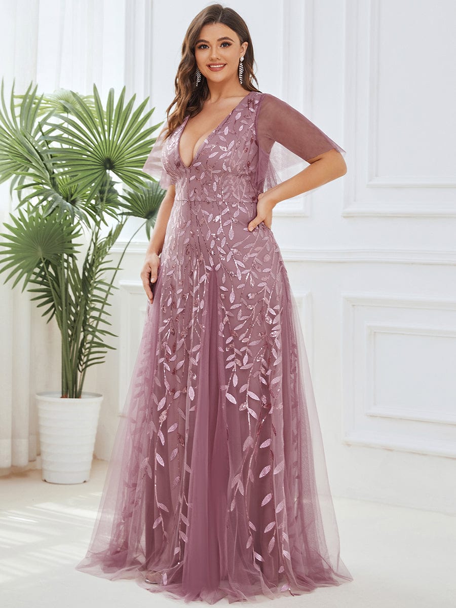 Sequin Embellished Deep V-Neck Plus Size Evening Dress
