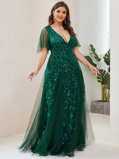 Sequin Embellished Deep V-Neck Plus Size Evening Dress