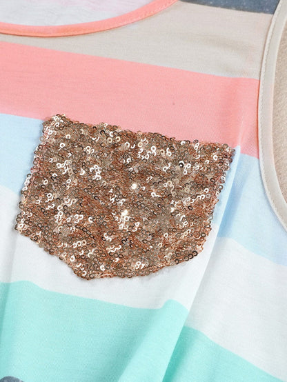 Sequin Striped Tank Top with Multicolor Pocket