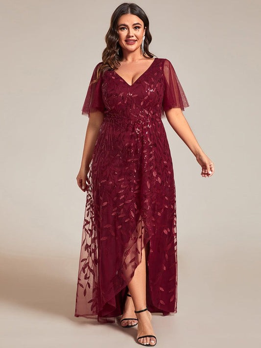 Sequin V-Neck High-Low A-Line Evening Dress for Plus Size Women