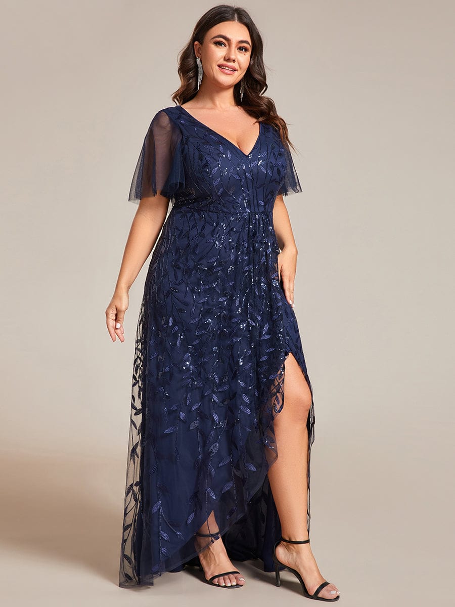 Sequin V-Neck High-Low A-Line Evening Dress for Plus Size Women