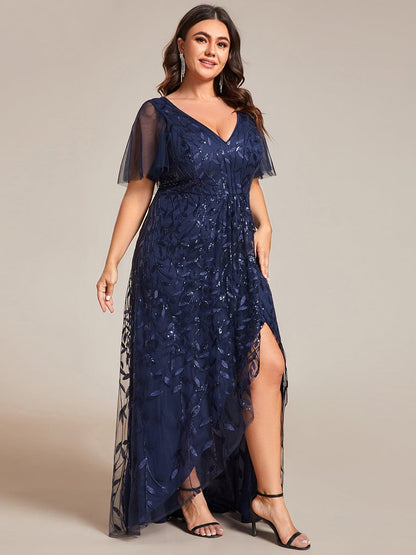 Sequin V-Neck High-Low A-Line Evening Dress for Plus Size Women