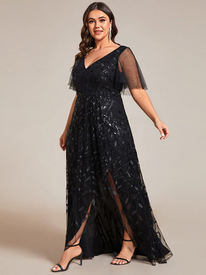 Sequin V-Neck High-Low A-Line Evening Dress for Plus Size Women