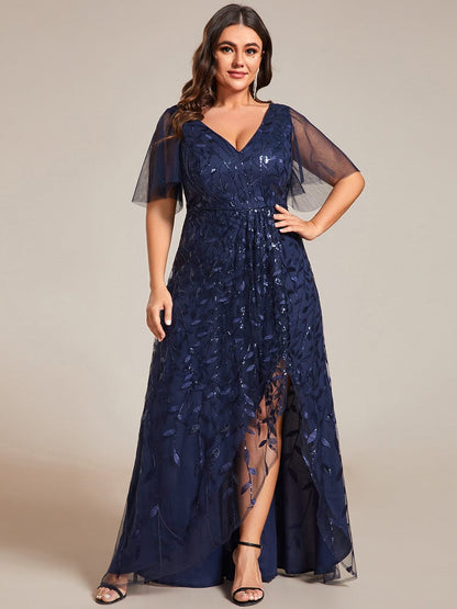 Sequin V-Neck High-Low A-Line Evening Dress for Plus Size Women