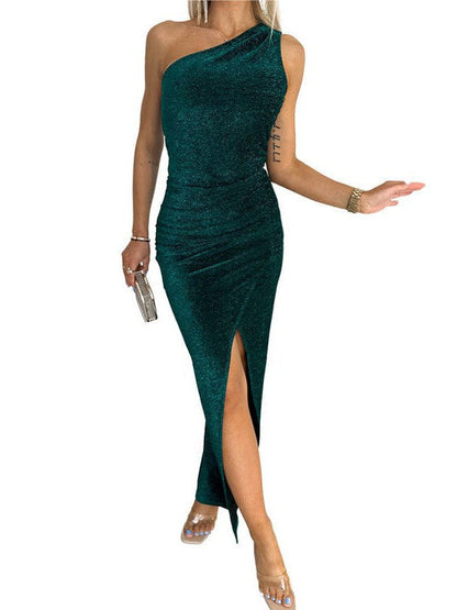 Sexy Elegant High Waist Glitter One-Shoulder Dress with Pleated High Slit