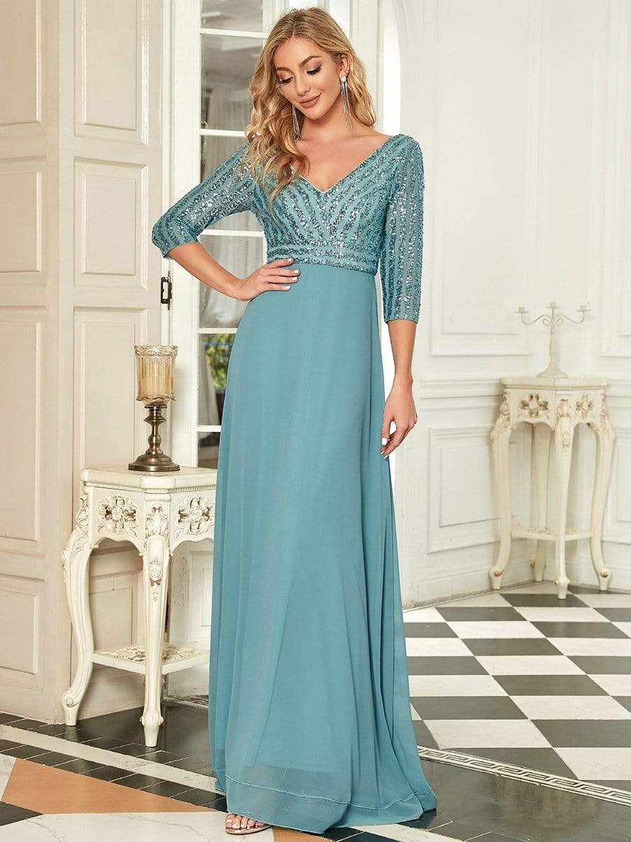 Sexy V Neck Sequin Evening Dresses with 3/4 Sleeve