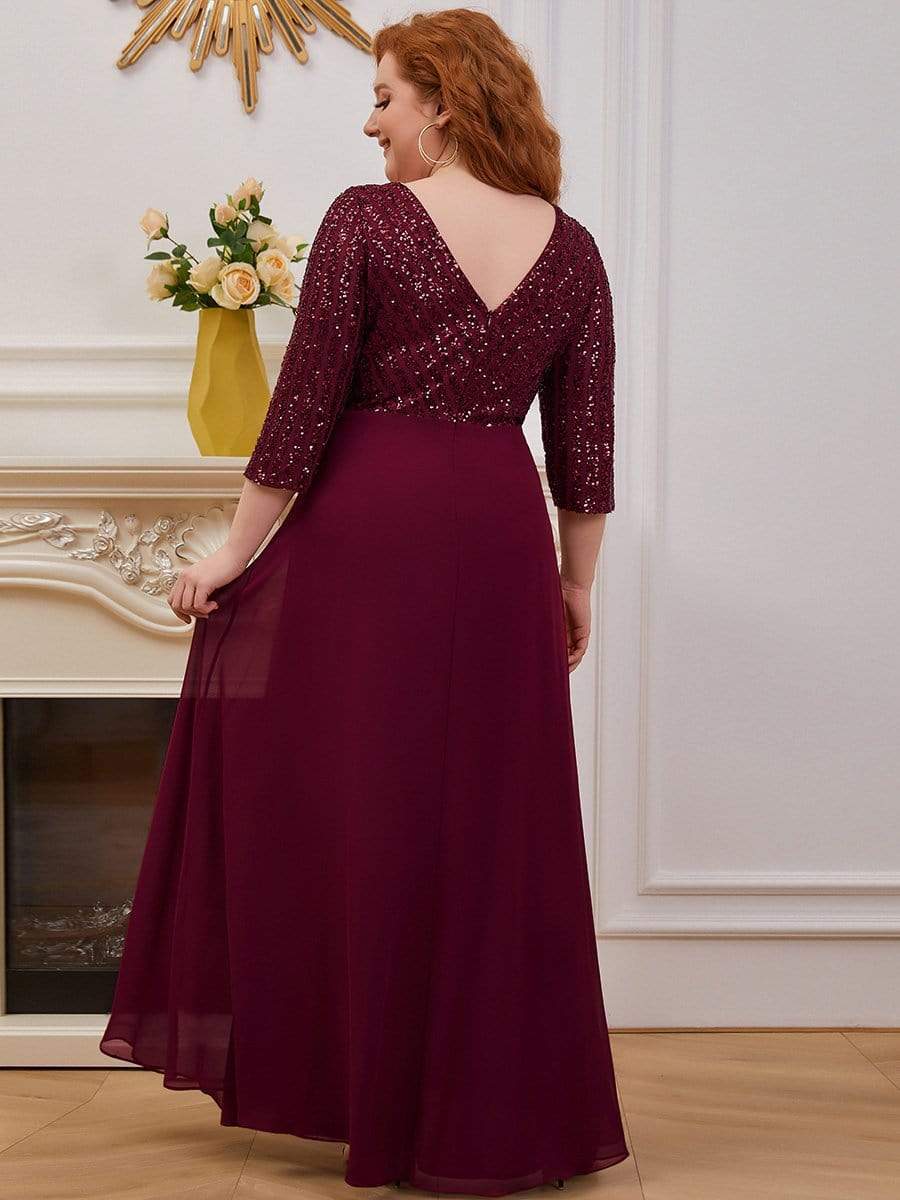 Sexy V Neck Sequin Evening Dresses with 3/4 Sleeve