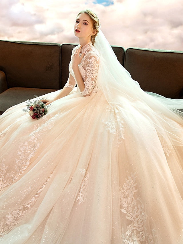 Engagement Sparkle & Shine Formal Wedding Dresses Ball Gown High Neck Long Sleeve Cathedral Train Lace Bridal Gowns With Sequin Appliques 2023 Summer Wedding Party, Women's Clothing - LuckyFash™