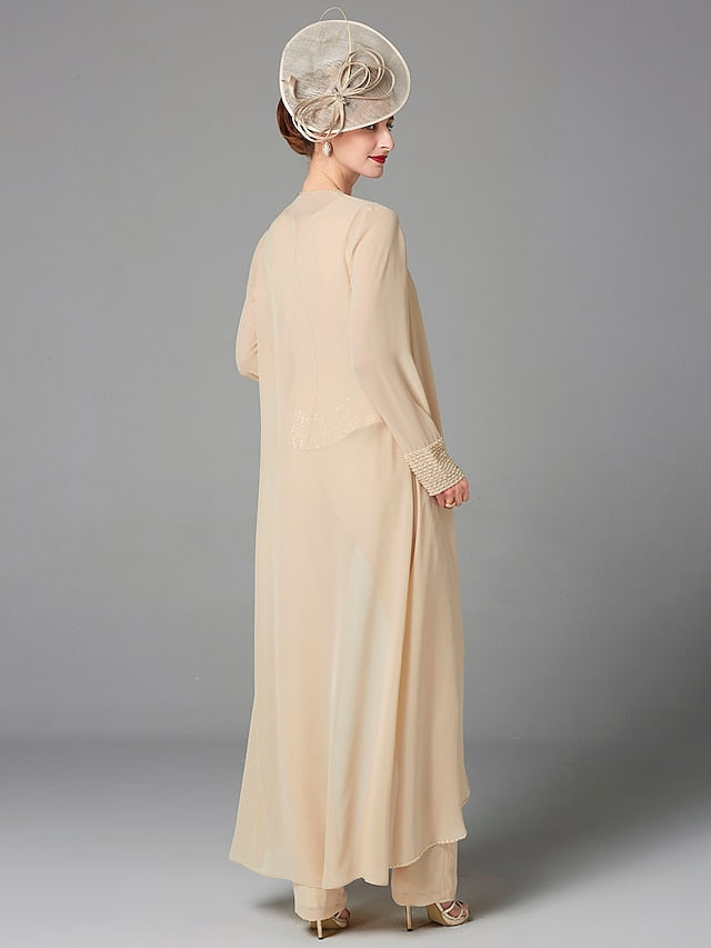 Jumpsuit / Pantsuit 3 Piece Mother of the Bride Dress Formal Plus Size Elegant Wrap Included Bateau Neck Floor Length Chiffon Sleeveless with Beading Appliques 2023 - LuckyFash™