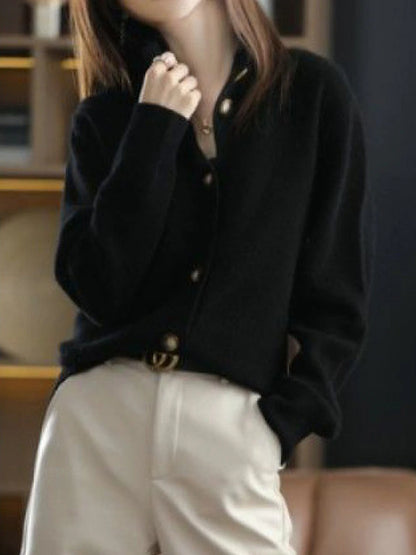 Women's Cardigan Stand Collar Ribbed Knit Polyester Button Knitted Fall Winter Regular Outdoor Daily Going out Stylish Casual Soft Long Sleeve Solid Color Navy Blue Camel Brown S M L