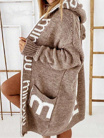 Women's Cardigan Sweater Hooded Ribbed Knit Nylon Pocket Oversized Fall Winter Long Outdoor Daily Going out Stylish Casual Soft Long Sleeve Letter Khaki Coffee Gray S M L