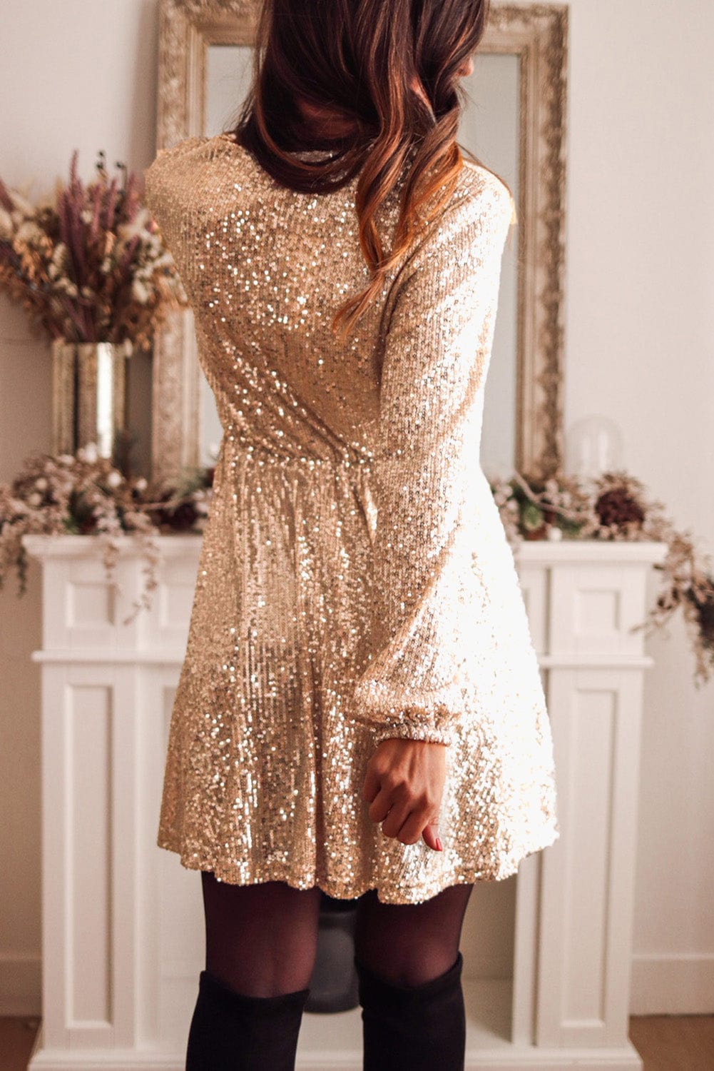Shimmering Apricot V-neck Sequin Mini Dress