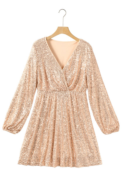 Shimmering Apricot V-neck Sequin Mini Dress
