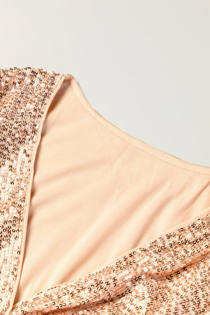 Shimmering Apricot V-neck Sequin Mini Dress