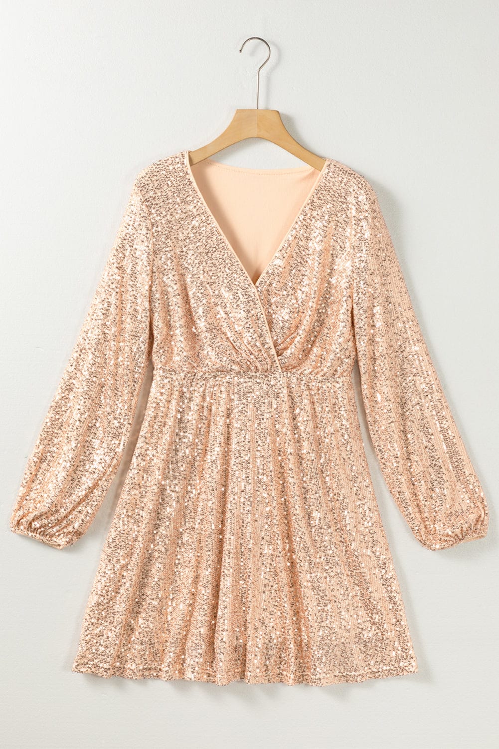 Shimmering Apricot V-neck Sequin Mini Dress