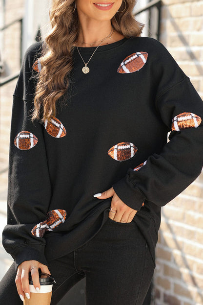 Shimmering Black Sequin Rugby Graphic Sweater